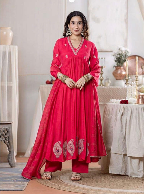 Pure Cotton Embroidered 3-Piece Suit Set – Dark Pink