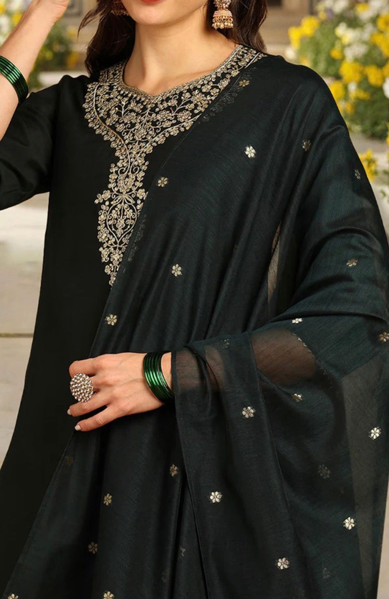 Green Chanderi Silk Solid Embroidered Straight Trousers Suit Set