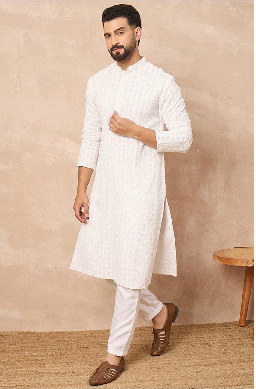 White Chikankari Kurta for Men