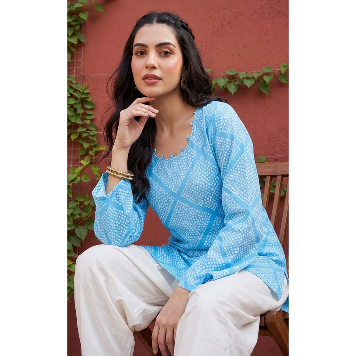 Blue Cotton Round Neck Long Sleeves Casual Top