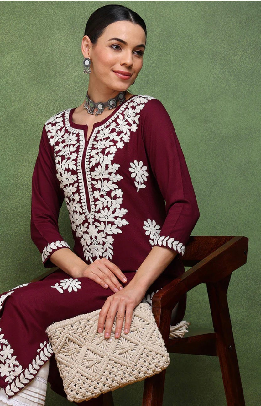Chikankari Kurta : Burgundy