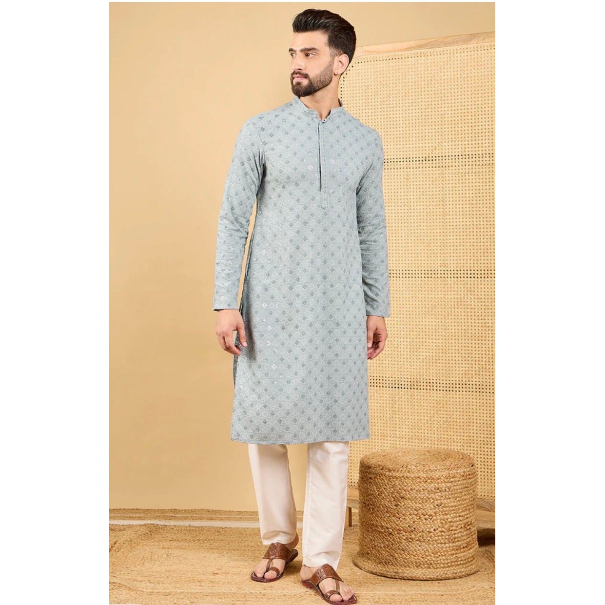 Grey Chikankari Kurta for Men