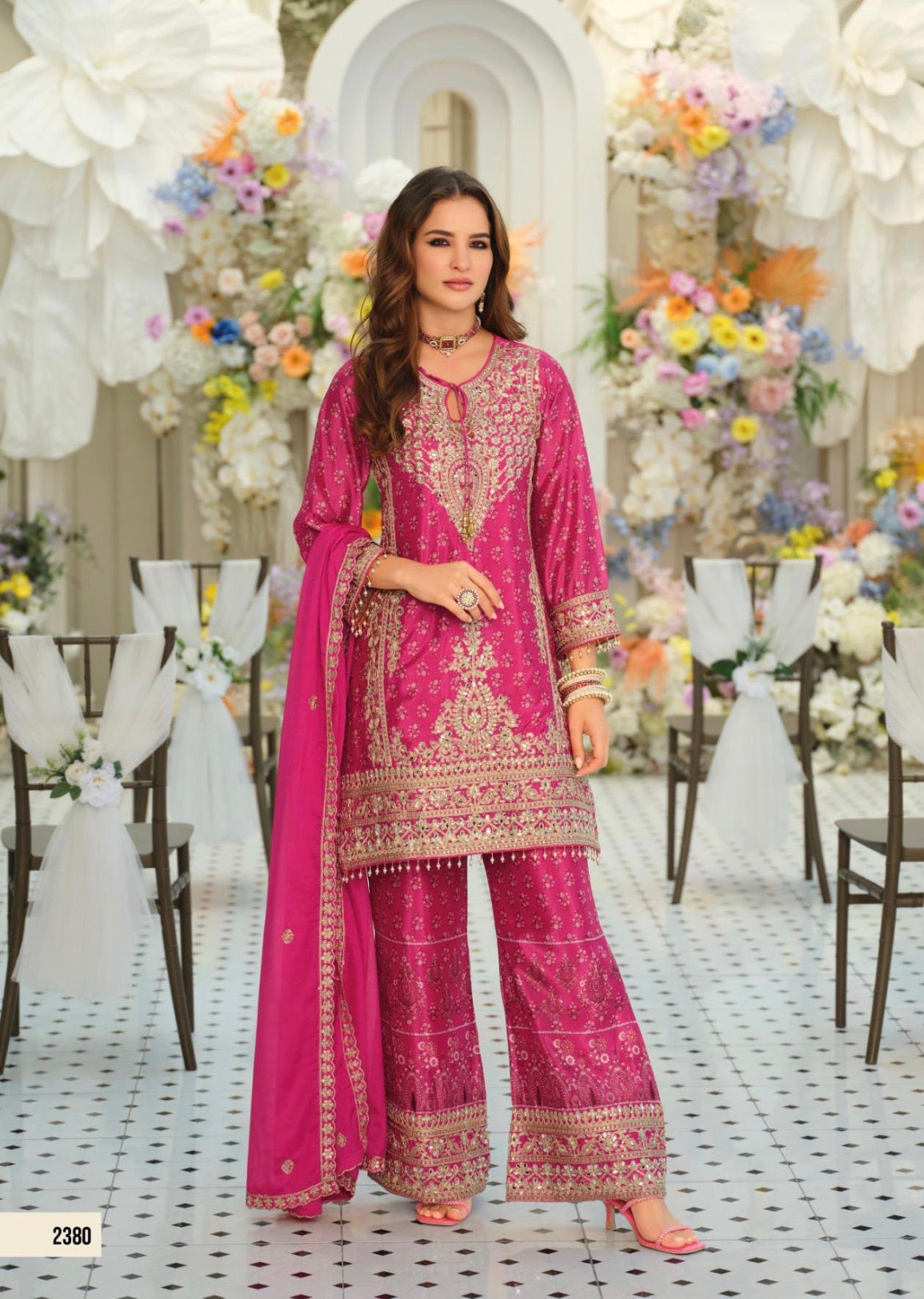 Pre-Order: Embroidered Chinon Kurta Set with Palazzo & Dupatta (Multiple Colors | XXL–3XL)