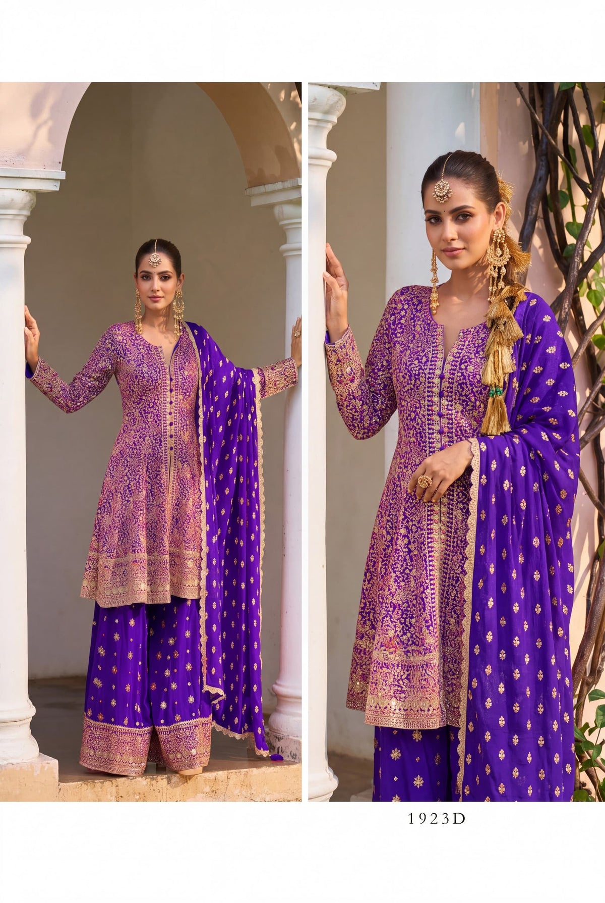 Embroidered Georgette Palazzo Suit with Dupatta – Pink, Purple & Yellow