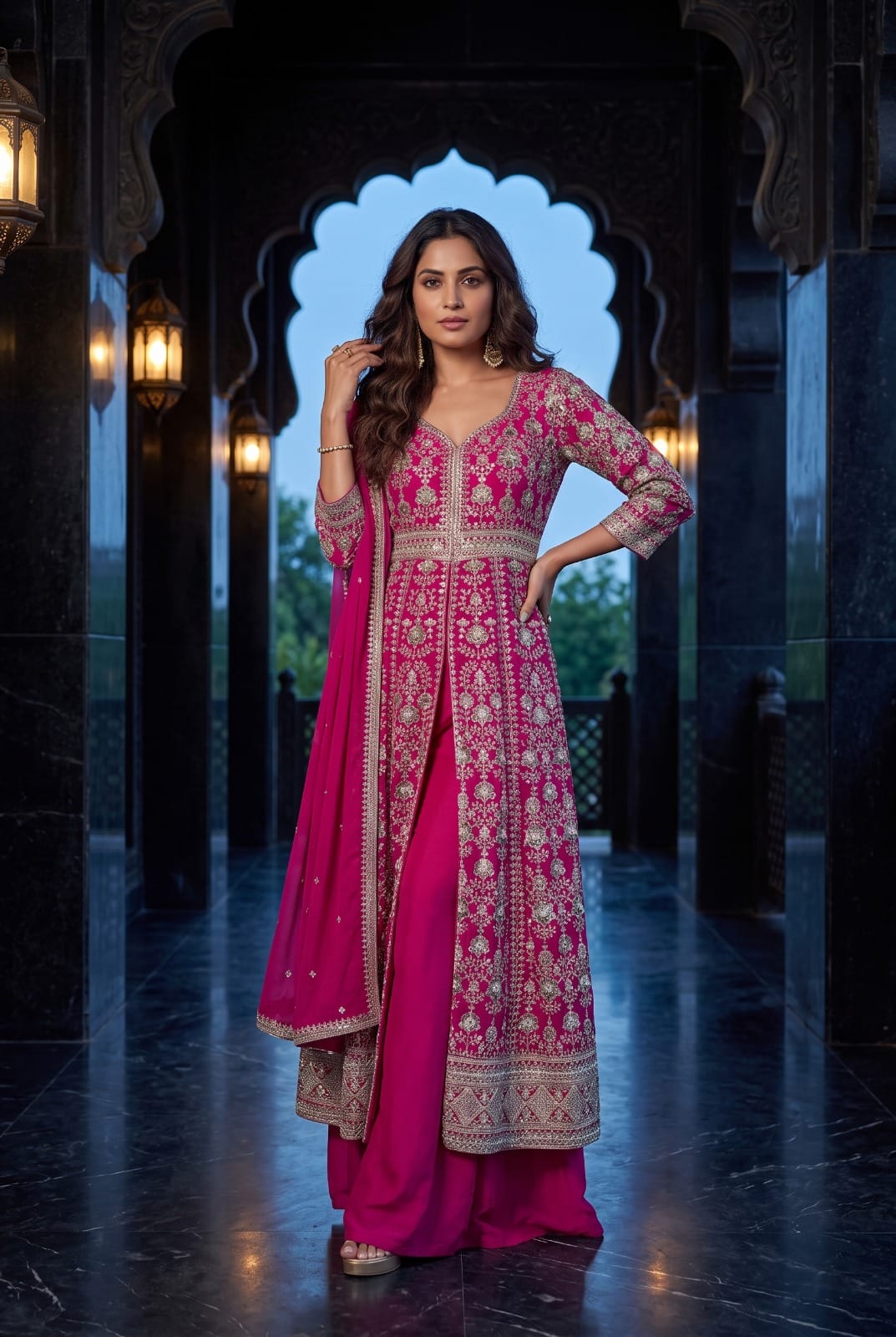 Royal Bloom Embroidered Chinon Front-Slit Palazzo Suit