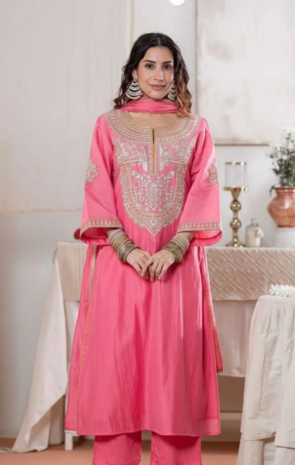 Gold Embroidered Pink Cotton Kurta Set
