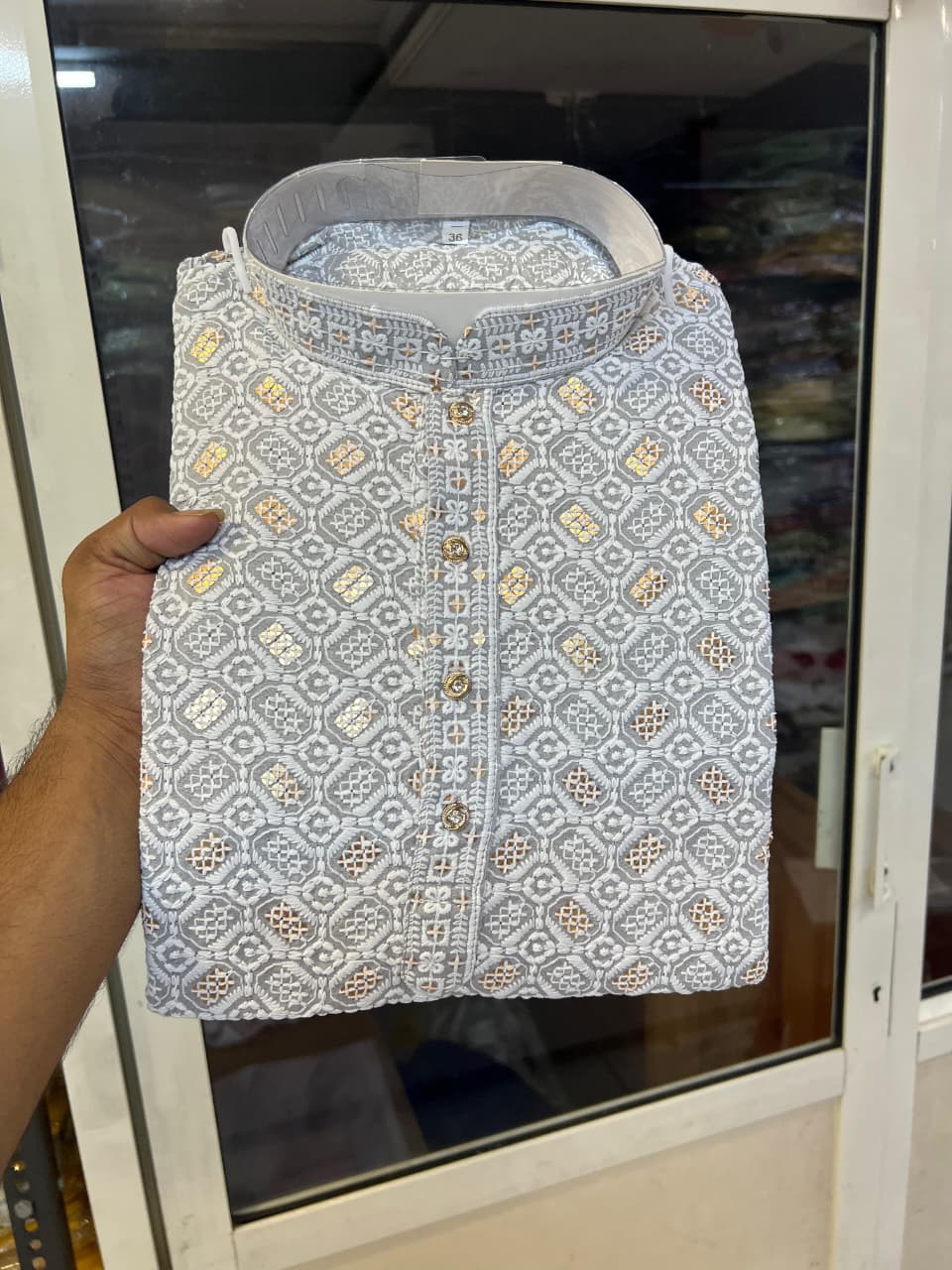 Men’s Chikankari / Sequin Work Kurta Set : Grey