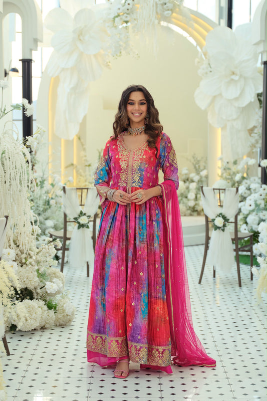 Rang – Multicolor Embroidered Chinon Anarkali Palazzo Set