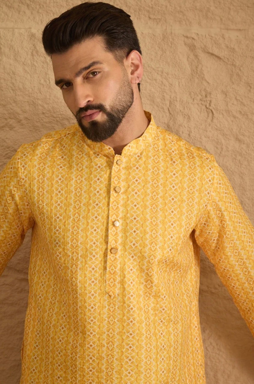 Yellow Silk Blend Straight Kurta