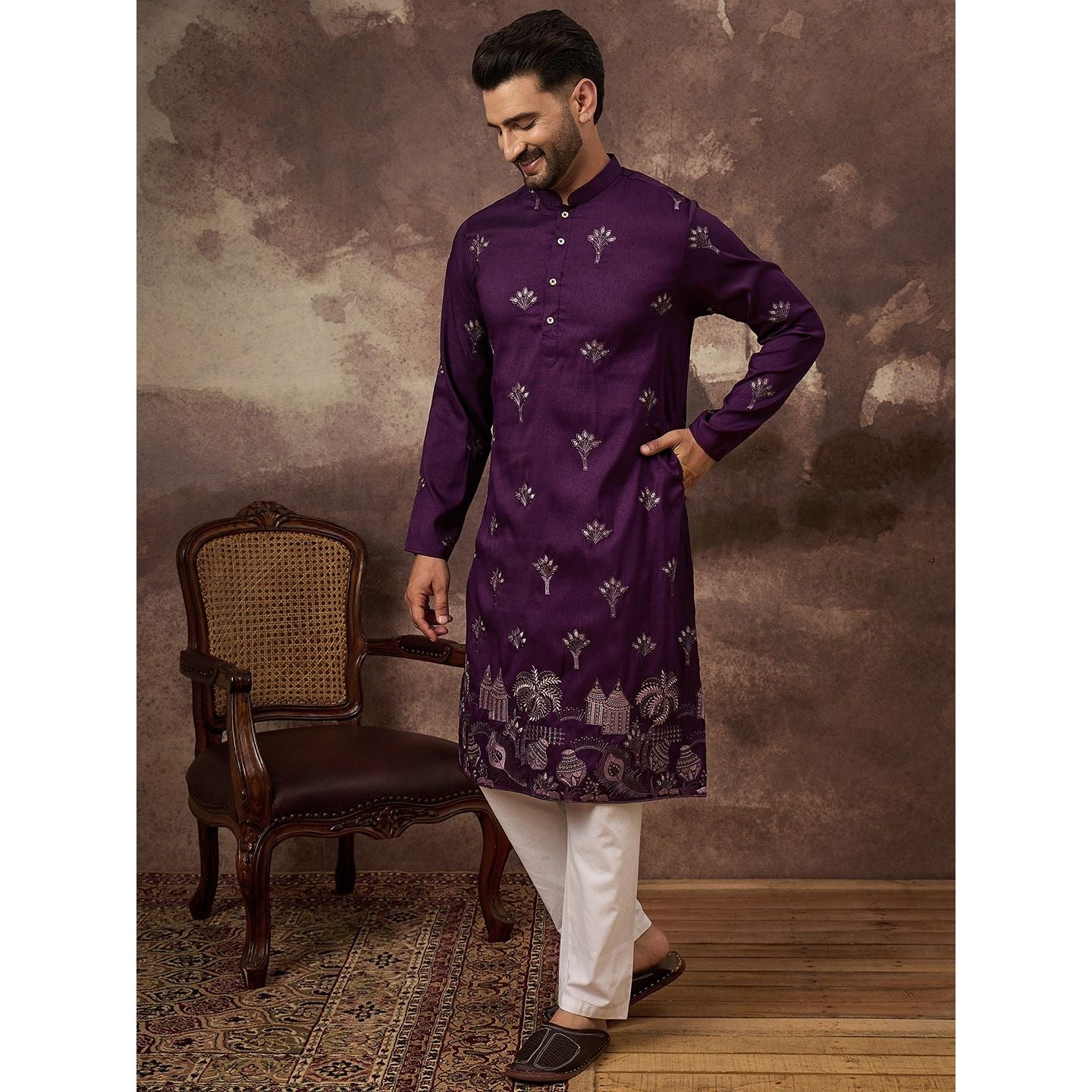 Purple Silk Blend Solid Embroidered Straight Kurta