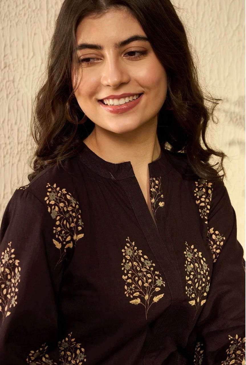 Brown Cotton Blend Ethnic Motifs Printed Tunic Top