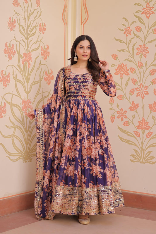 Premium Russian Silk Gown with Embroidered Sequins & Dupatta – Designer Festive Collection