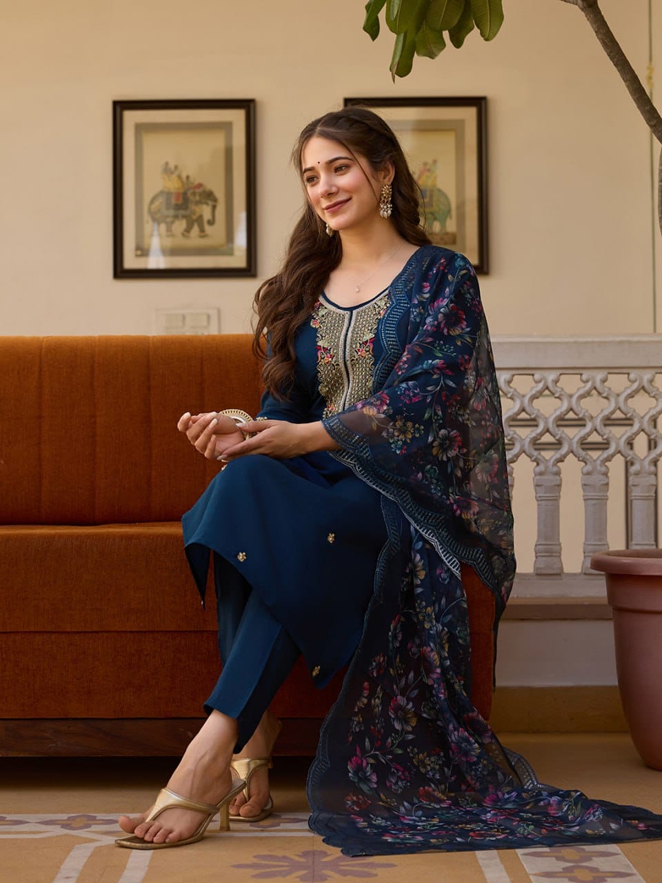 Festive Kurta Set – Bead Embroidery & Organza Dupatta