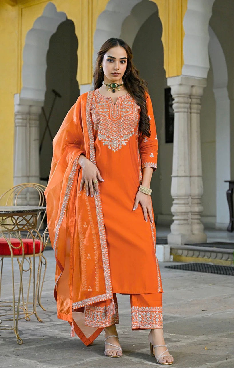 Orange Silk Blend Embroidered Kurta Set