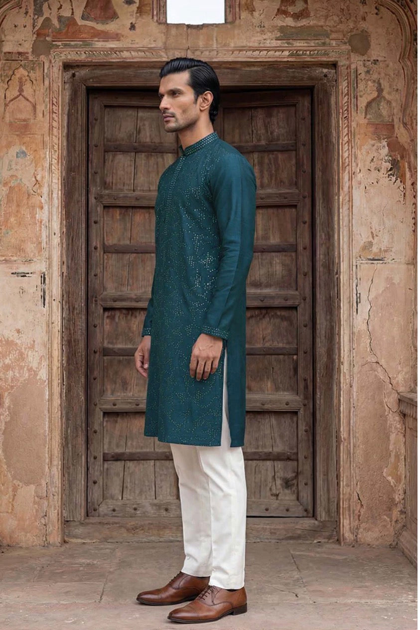 Teal Embellished Silk Kurta with Sequin Detailing | Men's Ethnic Wear