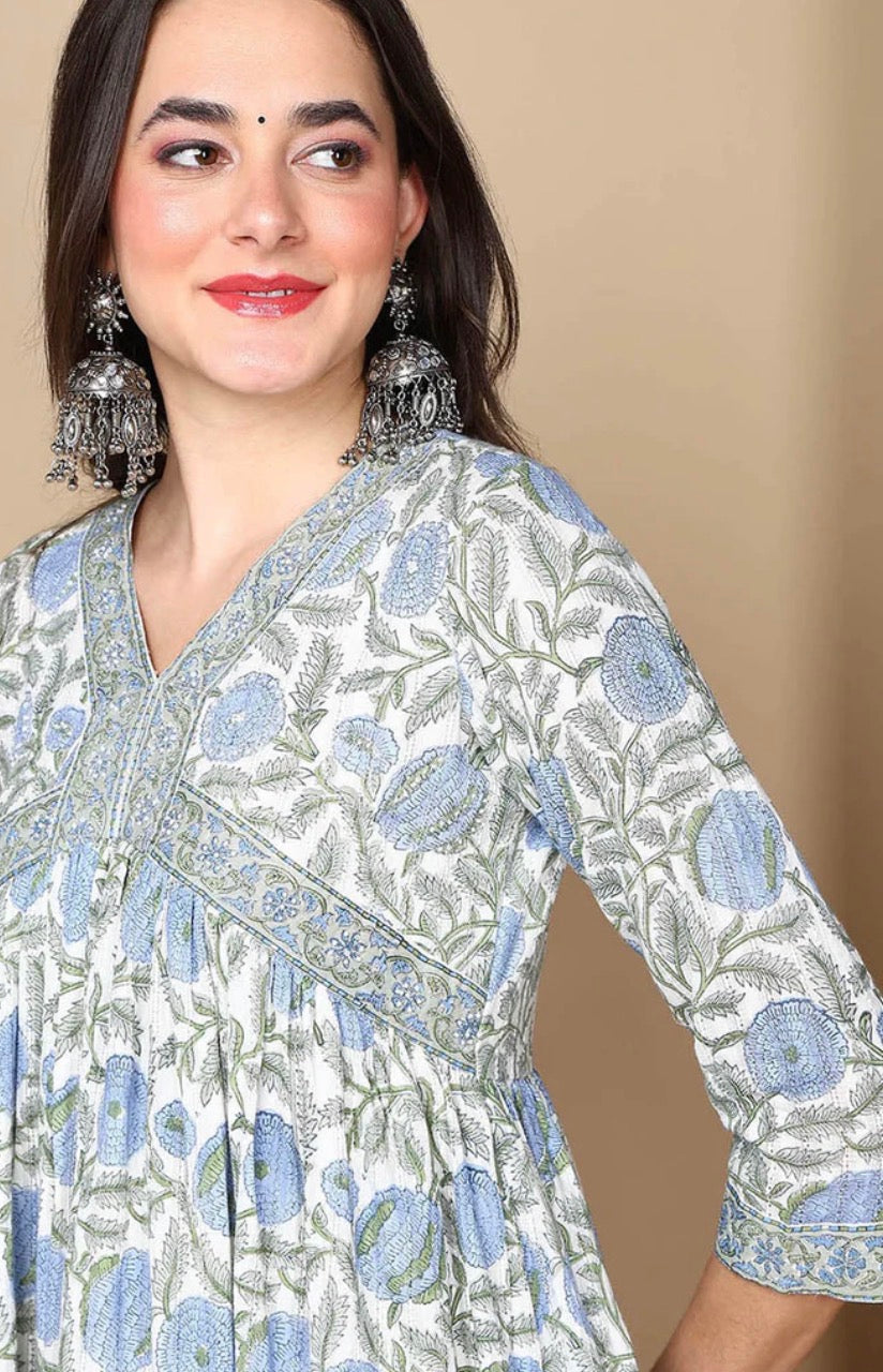 White & Blue Floral Printed Rayon Blend Kurta Set with Dupatta
