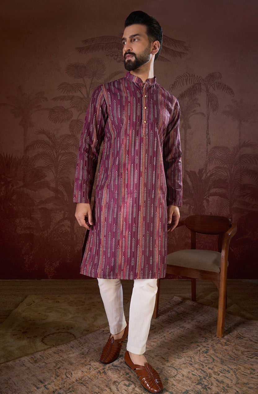 Purple Silk Blend Striped Printed Straight Kurta With Trouser