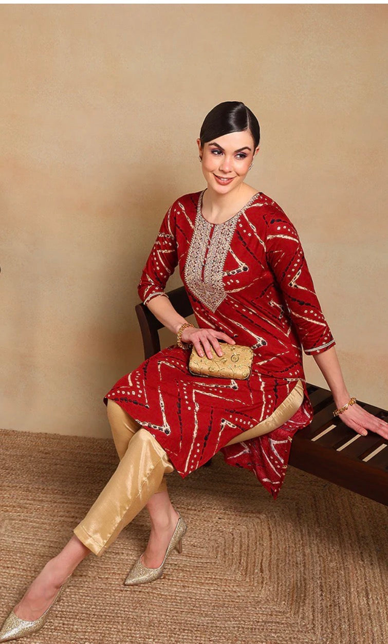 Red Viscose Rayon Chevron Printed Straight Kurta