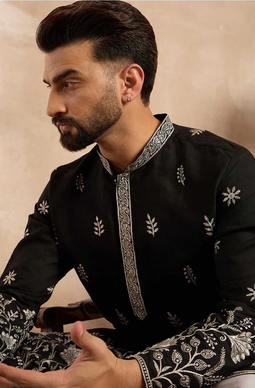 Black Silk Blend Solid Embroidered Straight Kurta With Trouser