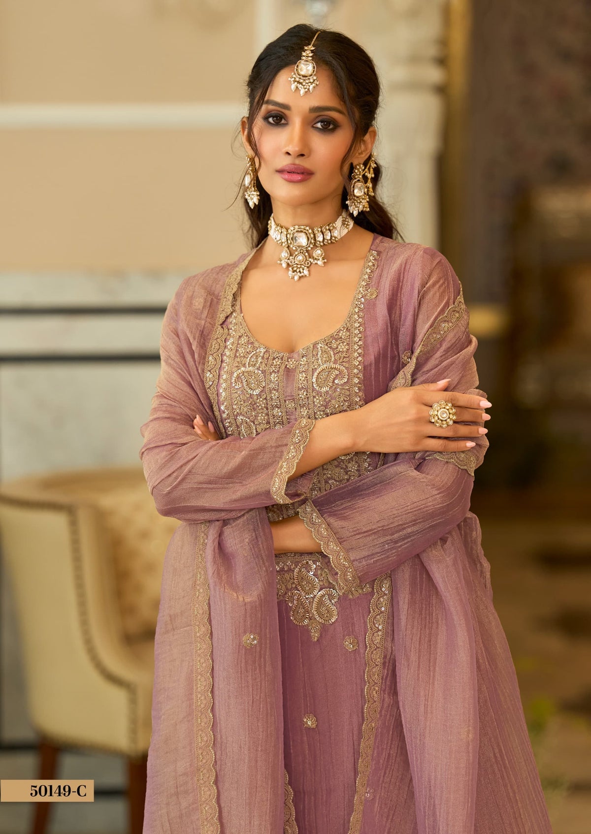 Mauve Embroidered Palazzo Set with Dupatta