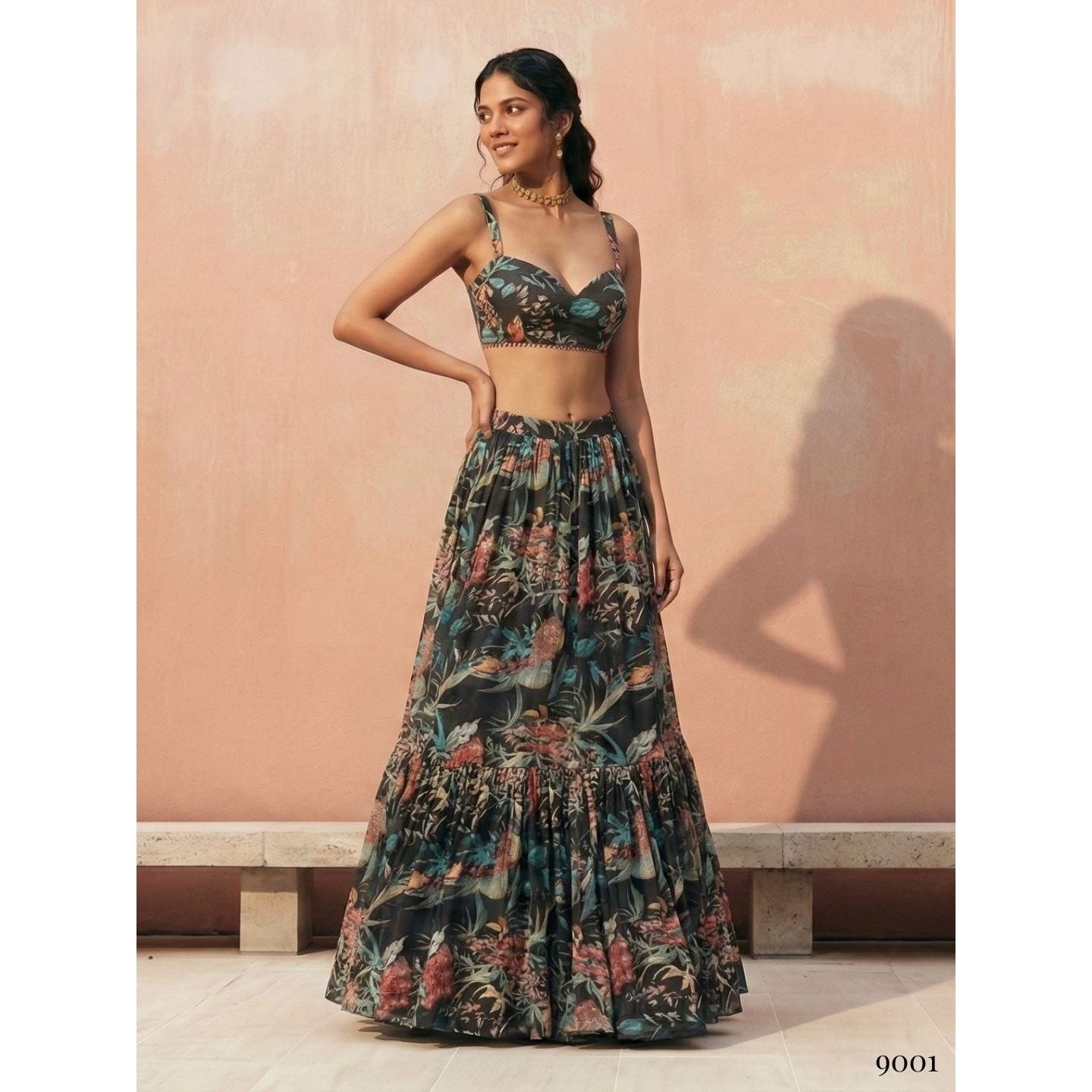 Georgette Printed Readymade Lehenga Set Black (3 Piece)