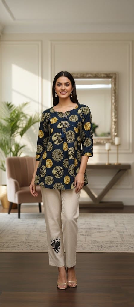 Navy Printed Mal Cotton Kurta with Khadi Cotton Pants (Co-Ord Set)