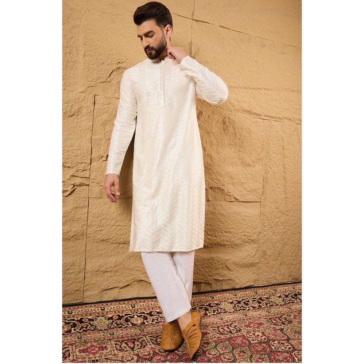 Off White Viscose Rayon Chevron Embroidered Straight Kurta