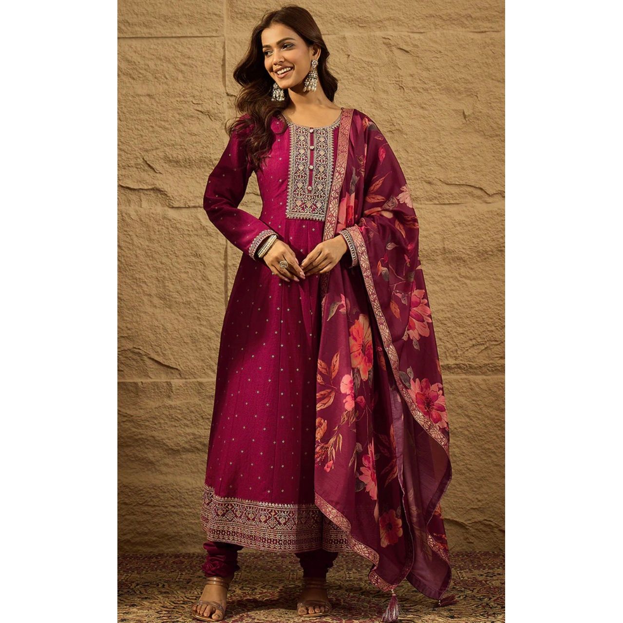 Maroon Silk Bandhani Embroidered Anarkali Kurta Set
