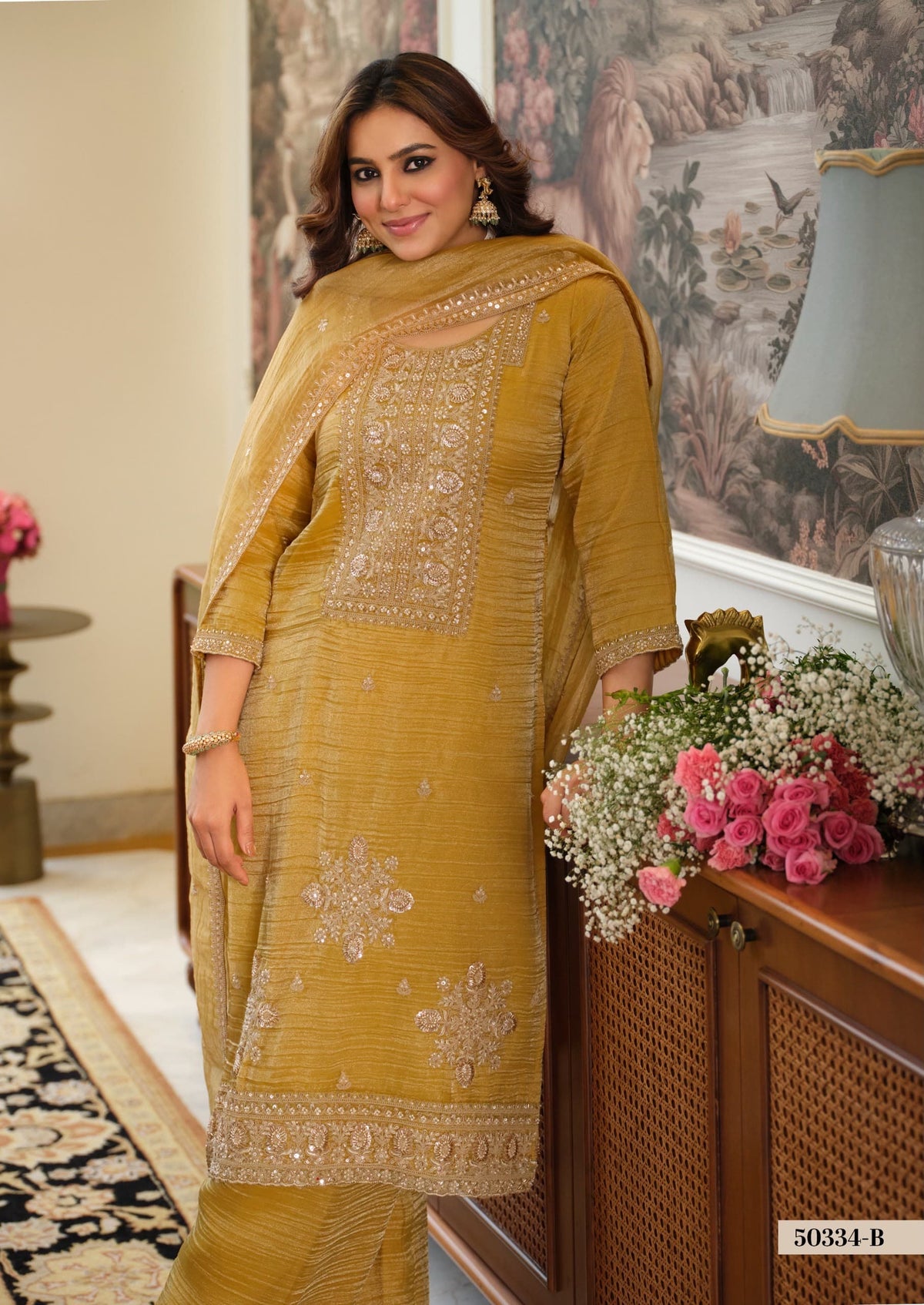 Embellished Crush Tissue Palazzo Set with Dupatta