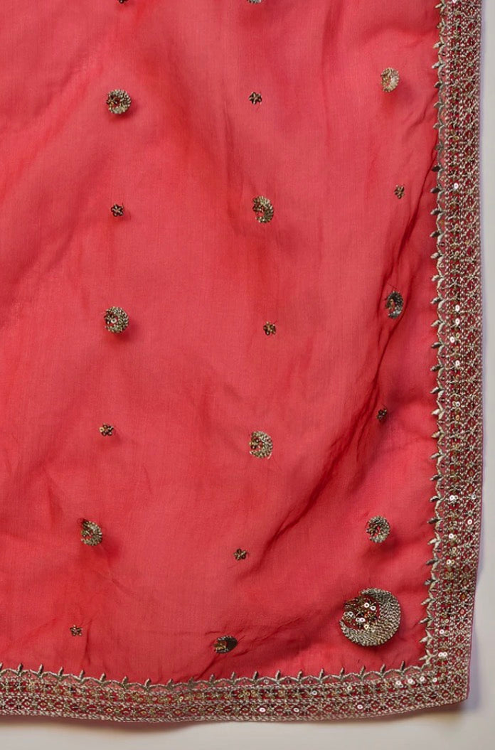 Pink Silk Blend Embroidered Kurta Set with Trousers & Dupatta