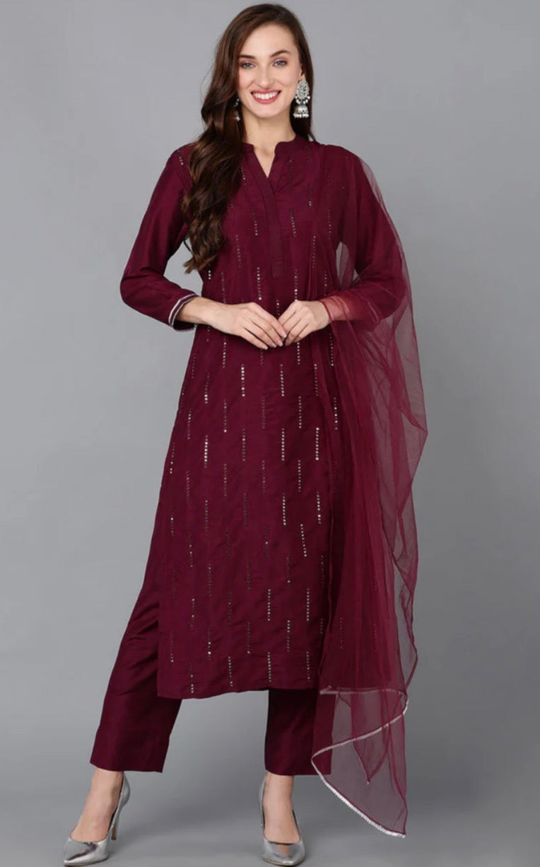 Burgundy Silk Blend Embroidered Kurta Pant With Dupatta