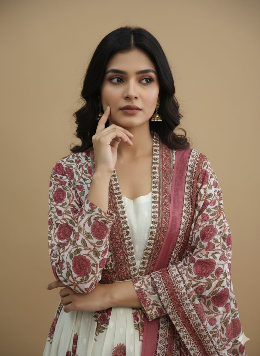 White & Pink Floral A-Line Anarkali Kurta Set – Pure Cotton (3-Piece)