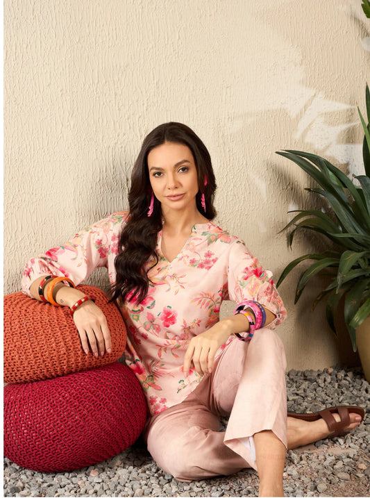 Cream Rayon Blend Floral Printed Coord Set