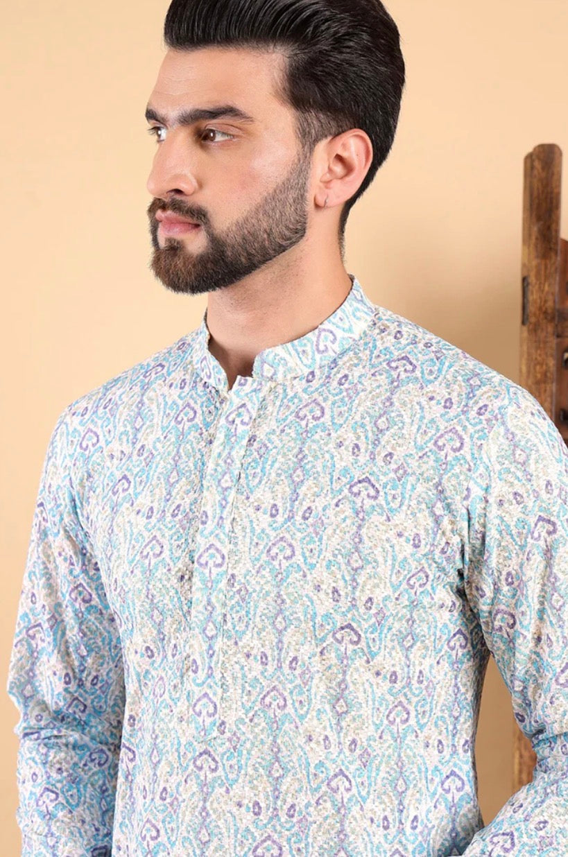 Teal Ethnic Motifs Embroidered Straight Kurta For Men