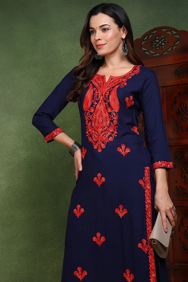 Dark Blue Chikankari Kurti/Kurta for Women