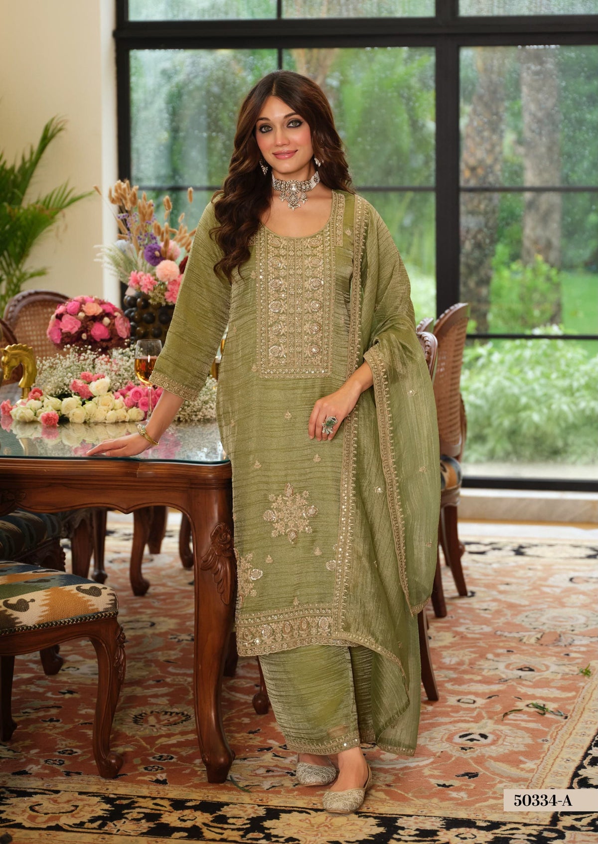 Embellished Crush Tissue Palazzo Set with Dupatta