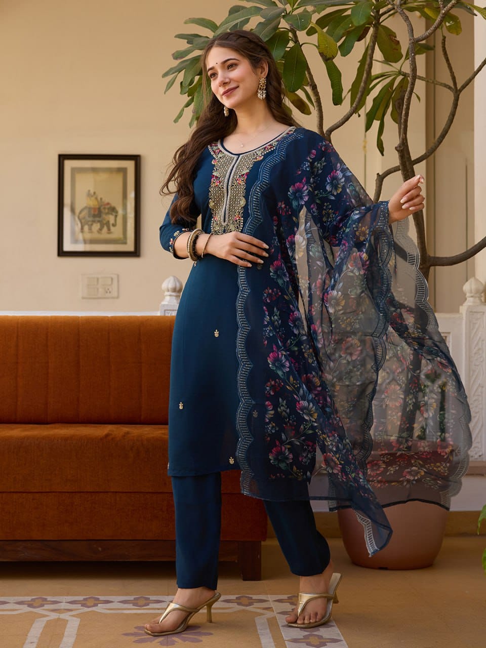 Festive Kurta Set – Bead Embroidery & Organza Dupatta