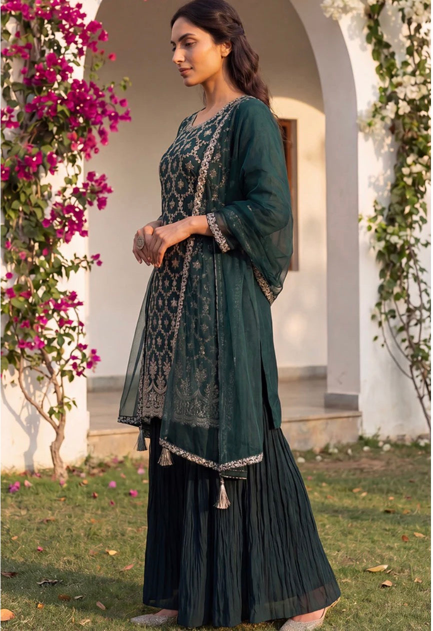 Green Silk Blend Kurta Sharara With Dupatta for Diwali/Festive Wear
