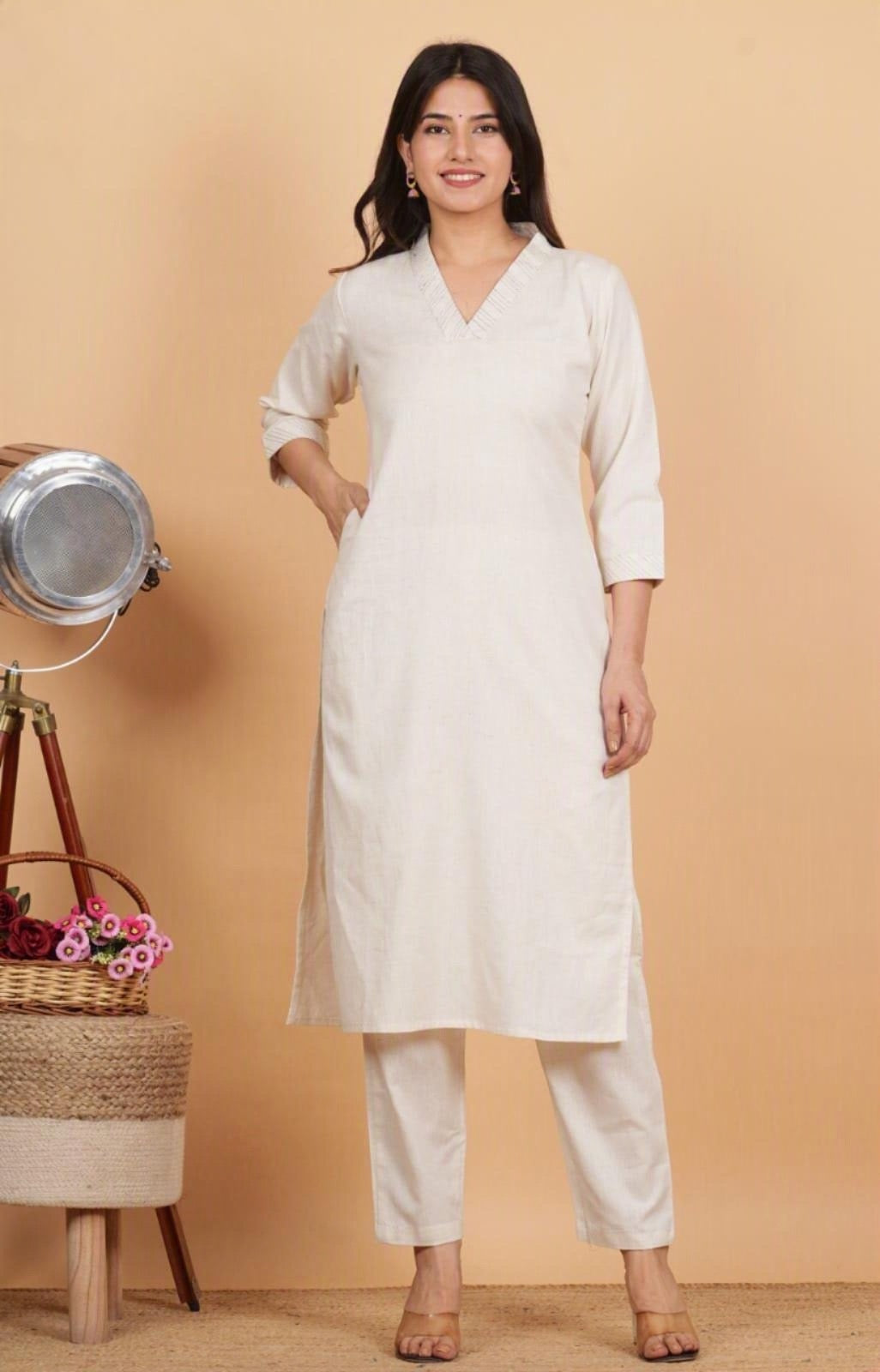 Cream Cotton Flex Kurta Set with V-Neck Detailing
