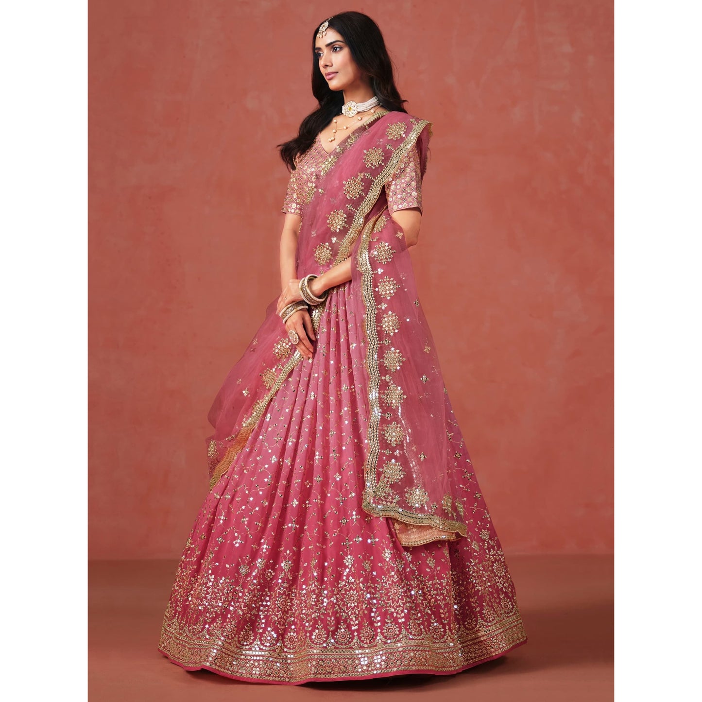 Georgette Lehenga Choli Set with Sequins & Zari Embroidery : Pink (pre order)