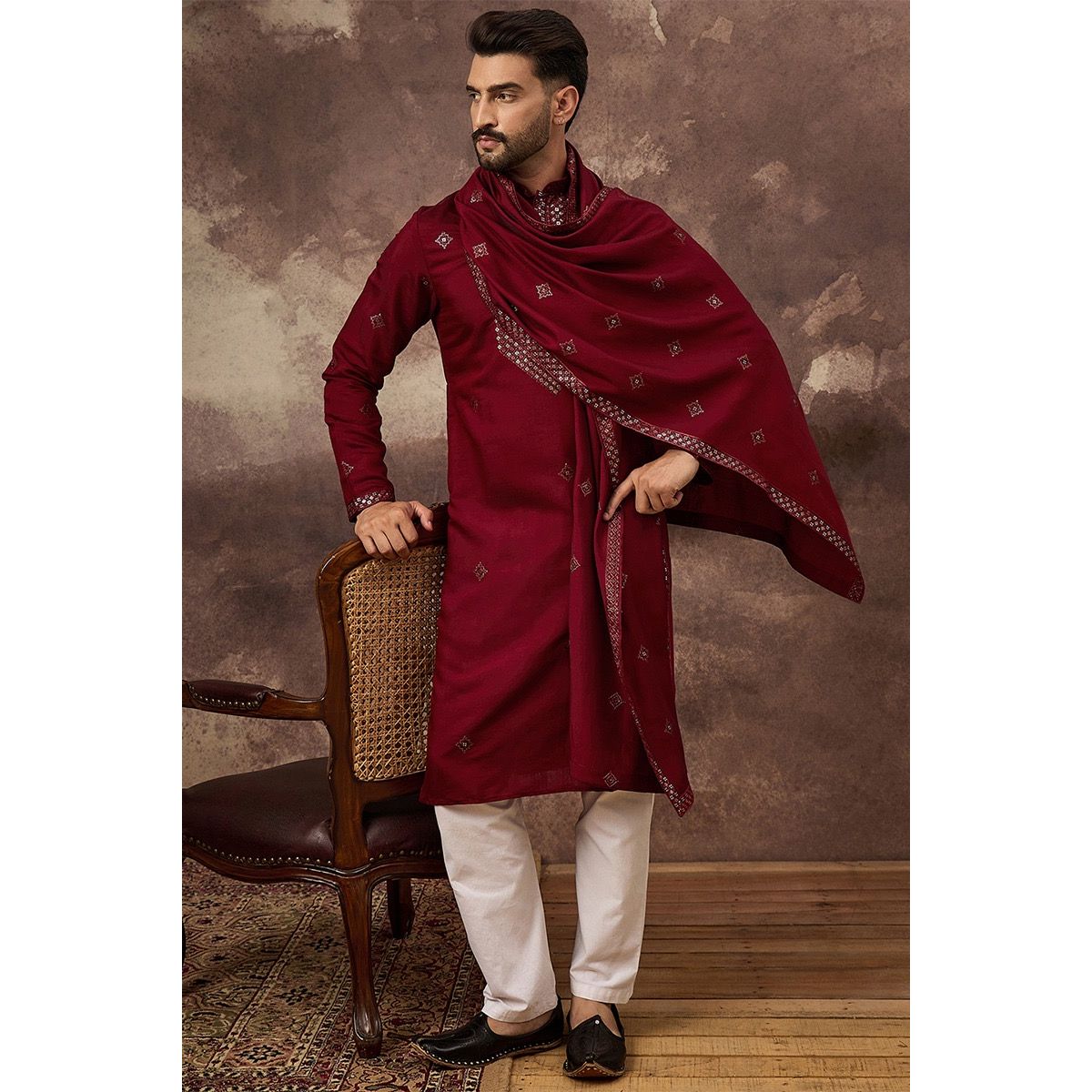 Maroon Silk Blend Embroidered Straight Kurta Trouser with Dupatta