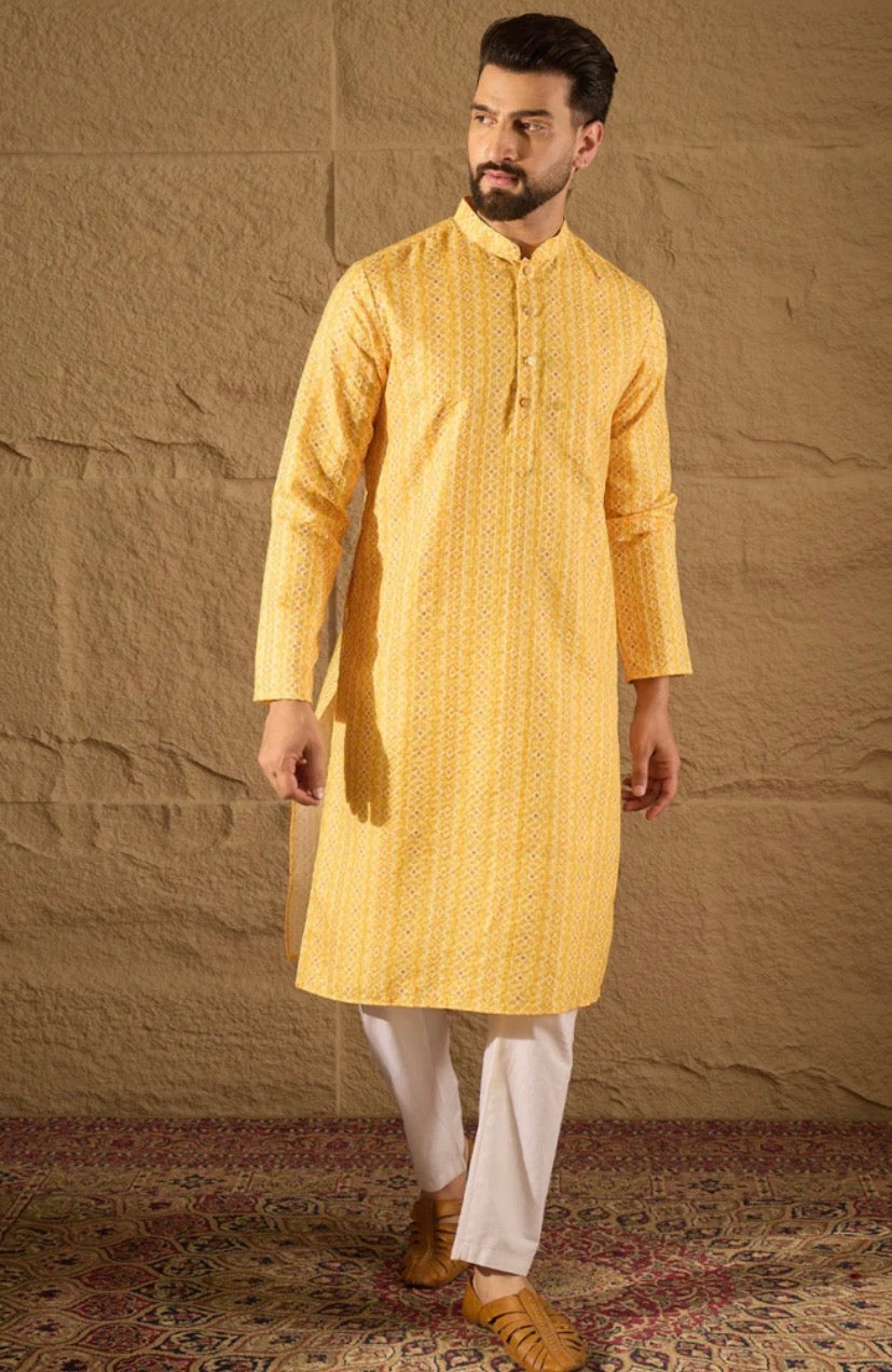 Yellow Silk Blend Straight Kurta
