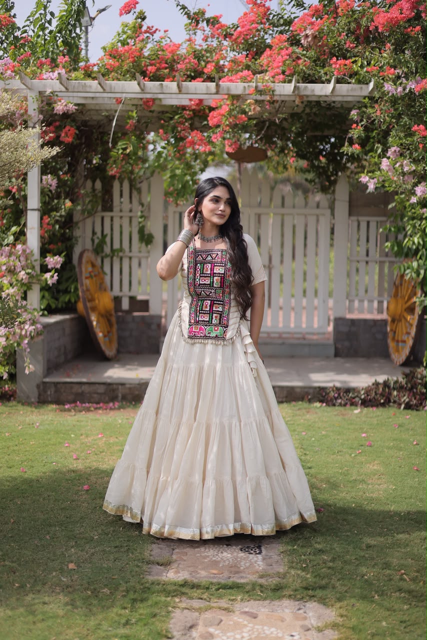 Ivory Multicolor Panel Lehenga Choli with Tiered Skirt