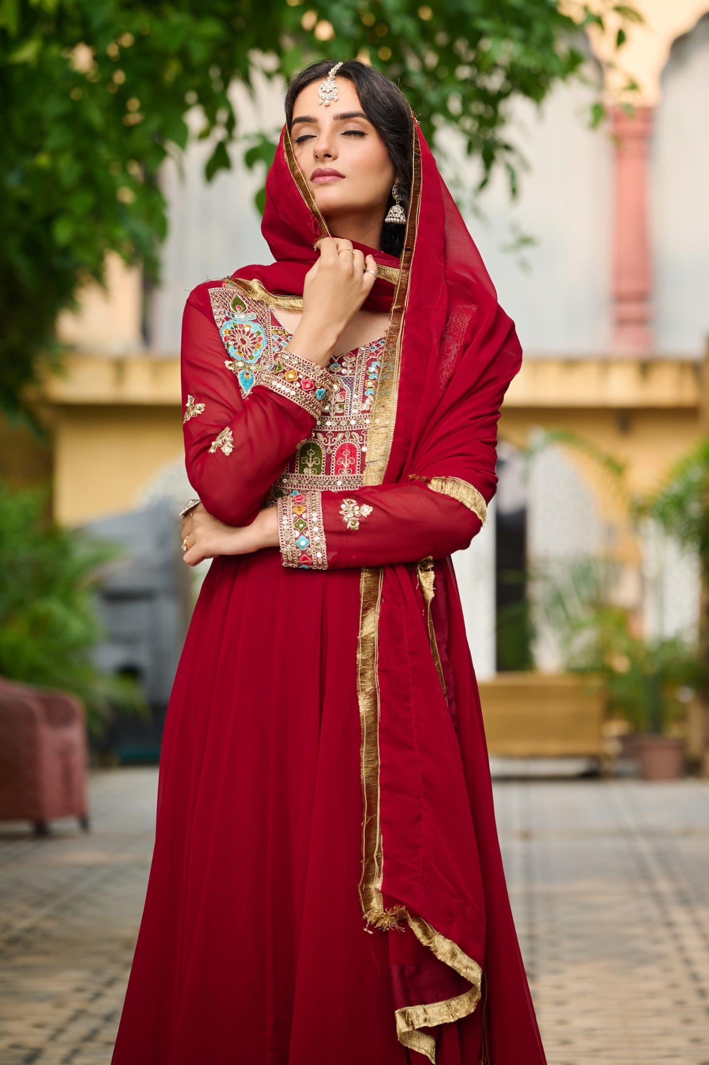 Maroon & Rama Green Festive Gown-Dupatta Set with Sequins Embroidery