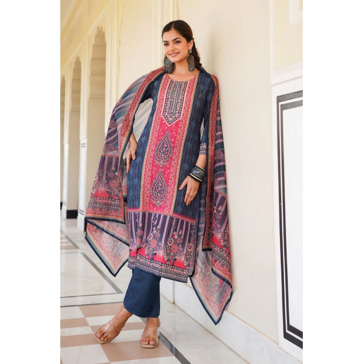Blue Rayon Blend Ethnic Motifs Printed Straight Kurta Trouser With Dupatta
