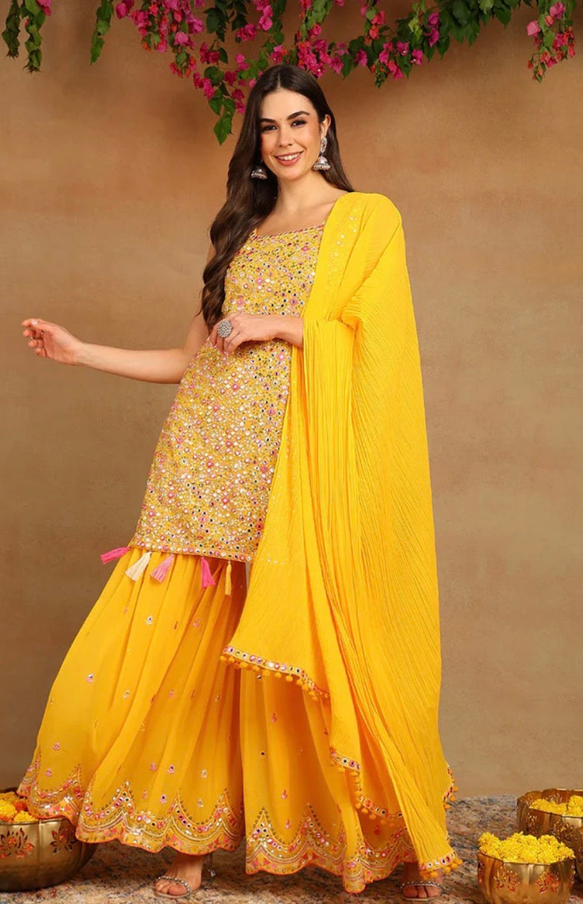 Yellow Georgette Solid Embroidered Straight Kurta Set