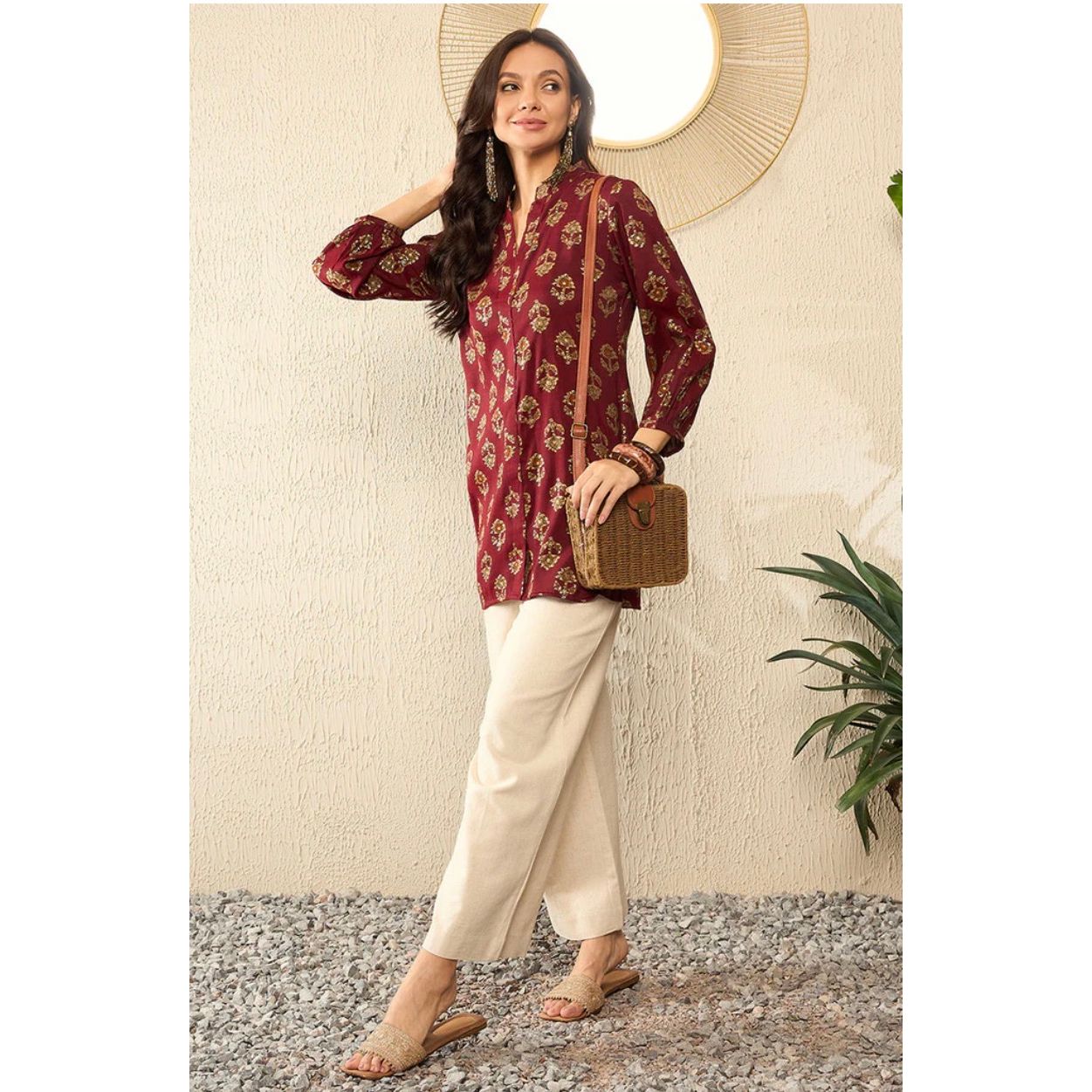 Maroon Cotton Blend Floral Printed Regular Top