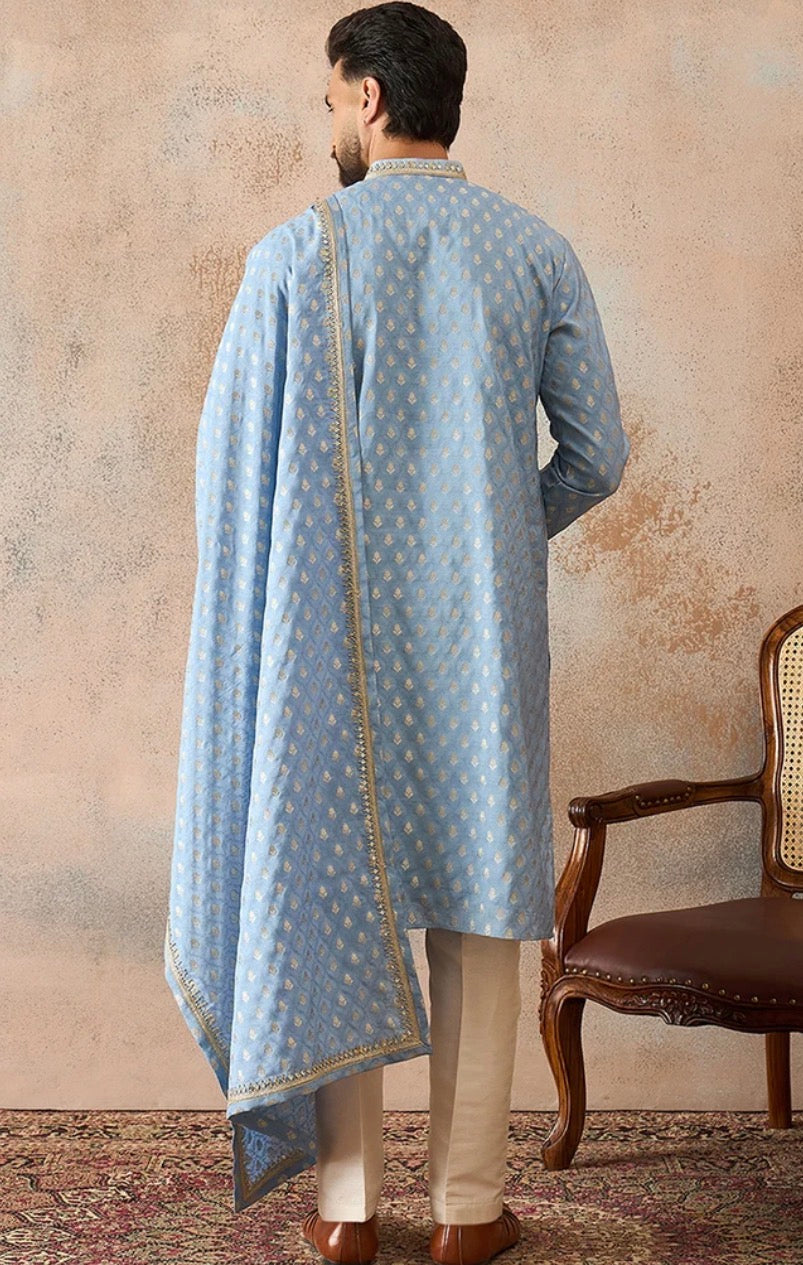 Blue Jacquard Woven Design Floral Straight Kurta Set