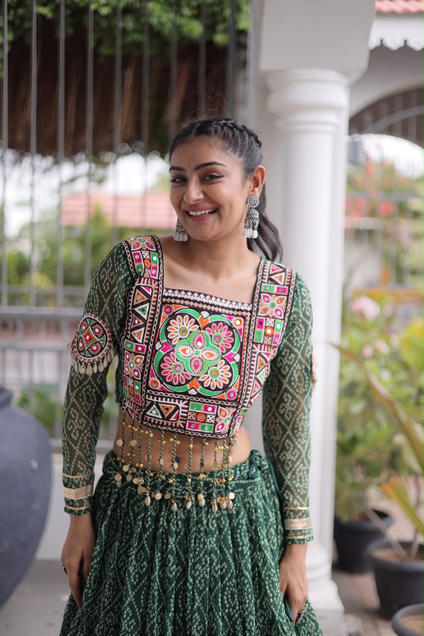 Garba Glow – Bandhani Print Lehenga Choli with Kutchi Patchwork