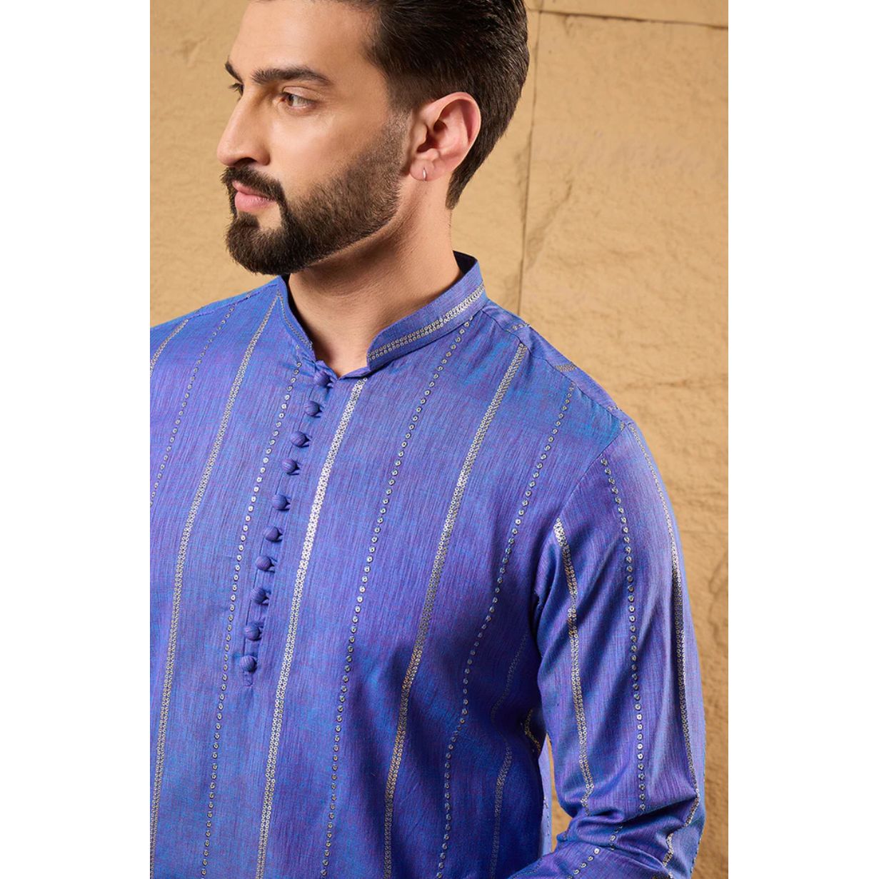 Blue Pure Cotton Embroidered Straight Kurta for Men